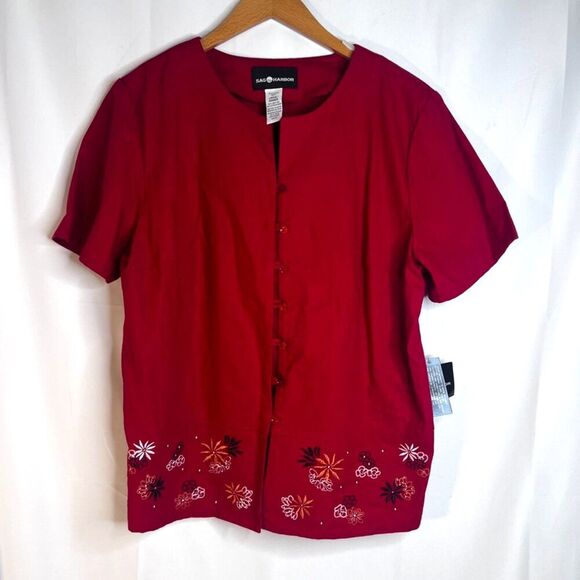 Sag Harbor NWT Red Embroidered Linen Blend Button Front Boho Top Size Large - Picture 12 of 12